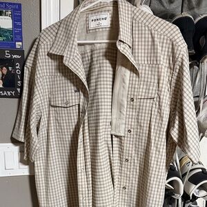 Poncho Men's Casual Button Down Shirt - Beige Plaid